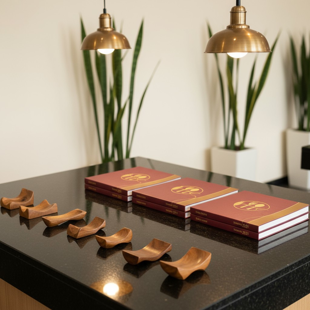 A dark room with copper-colored lights and dark, reflective countertops, laid with two 3 book sets of 'Nippon Randen' musi...
